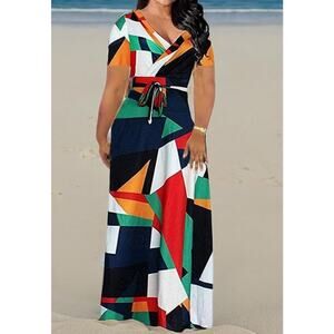 Locryz Women's V Neck 3/4 Sleeve Abstract Printed Loose Long Maxi Dress Size L